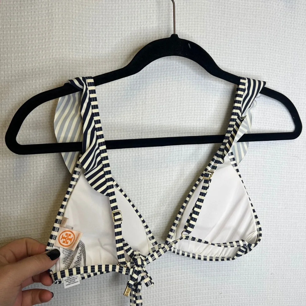 Tory Burch Navy Blue White Striped Ruffle Triangle Bikini Top Medium